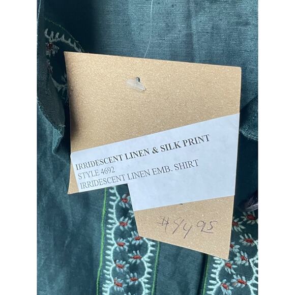 Folk Linen Blend Blouse S Green Embroidered Button Top Boho Cottagecore Romantic - Picture 5 of 9